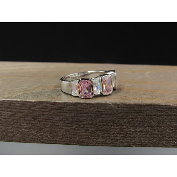 Size 6.25 Silver Tone Fancy Pink And Clear Cubic Zirconia Band Ring - Picture 2 of 7